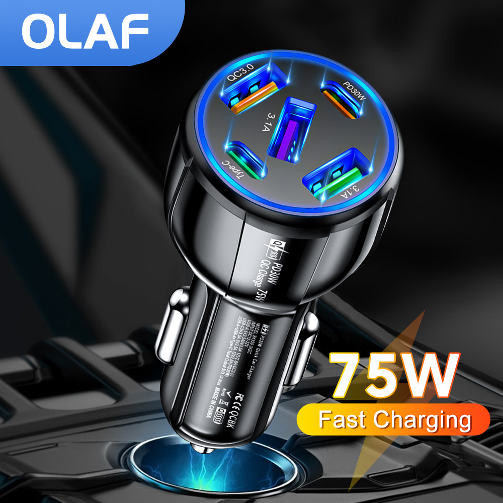 OLAF 5 Port 75W USB Car Chargers Type C Car Charger Fast Charging PD QC3.0 Phone Charger in Car