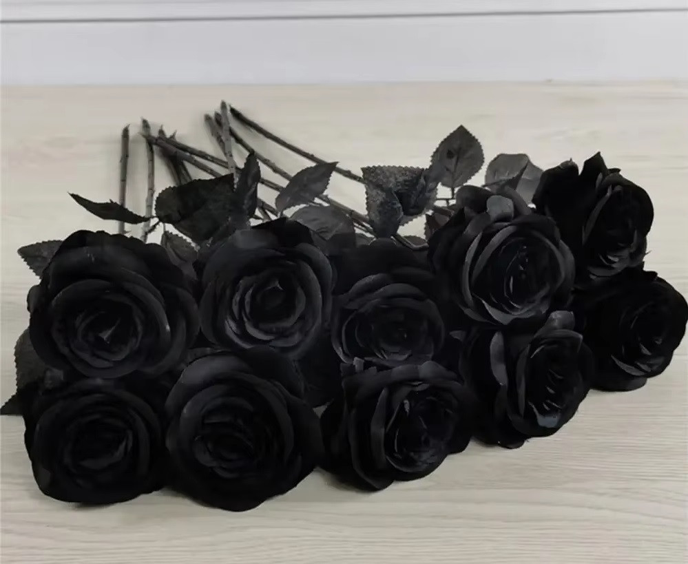 Silk Black Rose Artificial Flower Head Bouquet Home Decoration