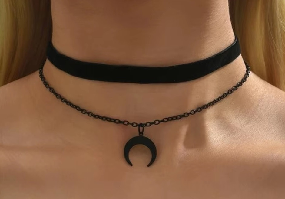 Black Moon Pendant Black velvet strap double layer wearing neck strap necklace