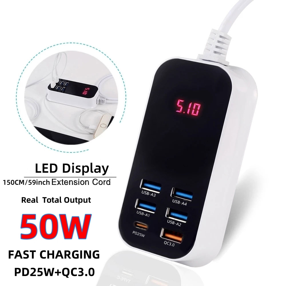 50W Multiple Port USB Charger PD25W Type C QC3.0 Fast Charging Desktop Wall Power Adapter