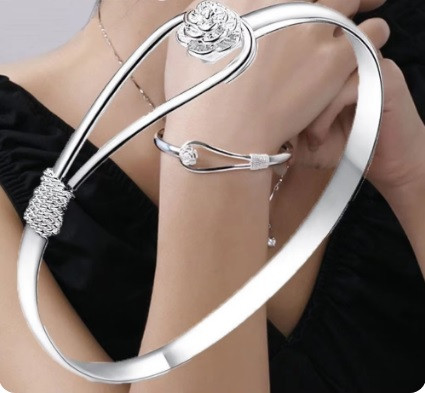 Sterling Silver Bracelets for Women fine elegant flower bangle adjustable Jewelry