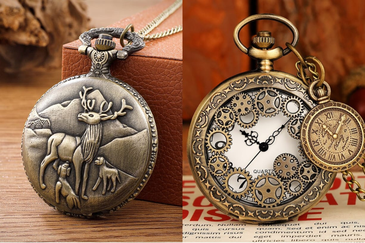 Classic Vintage Carved Pocket Watch with Chain Quartz Pendant Watches Clock Chain Mens Women