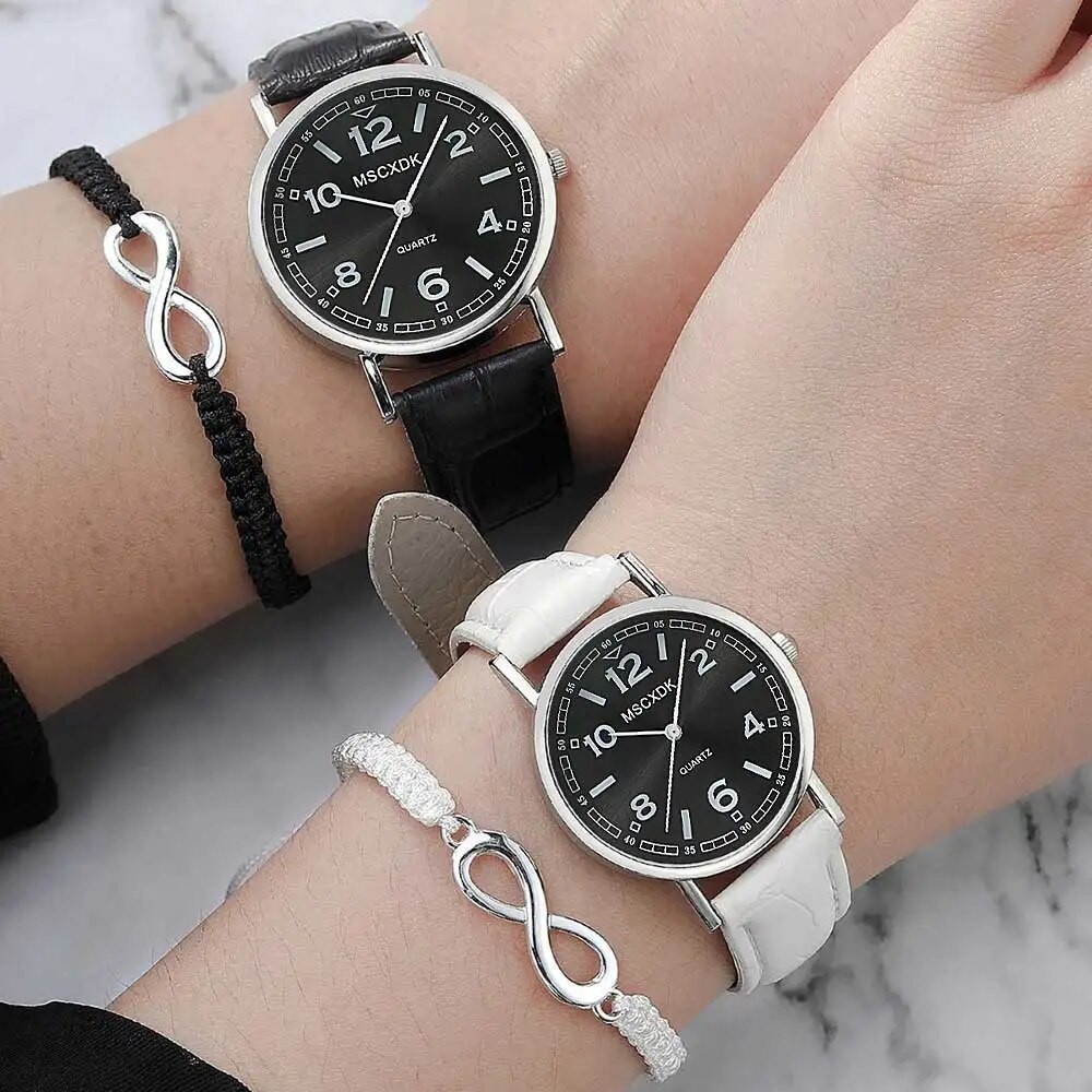 4pcs Couple Quartz Watch Bracelet Set Black White Leather Strap Quartz Watch & Bracelets Set