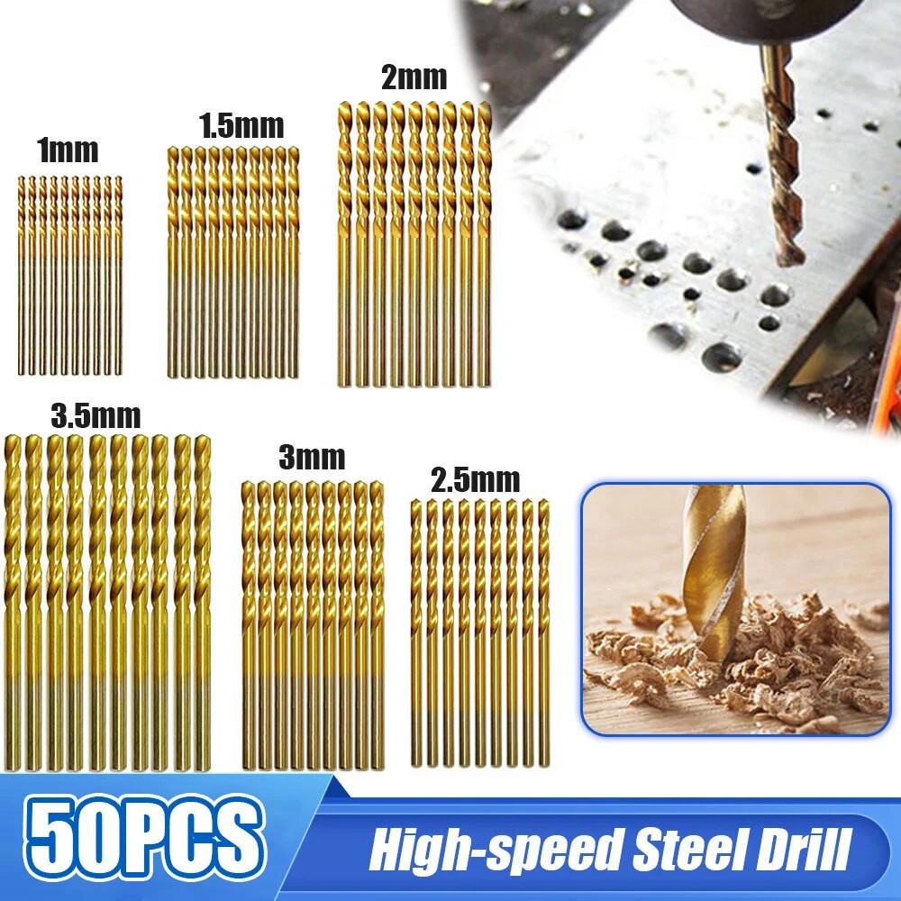 50pcs High Speed Steel Ti-plated Twist Bit Titanium Coated Drill Bits Tools