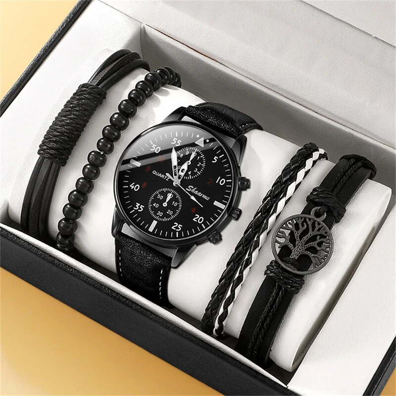 5PCS Set Leather Quartz Wristwatch Luxury Casual Watch & Bracelets