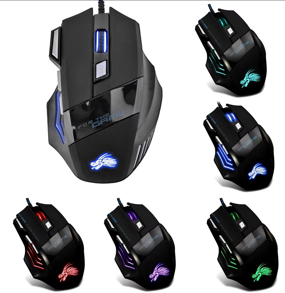 Wired Gaming Mouse 7-Color Backlight Adjustable Black Wired Optical Computer Gaming Mouse for PC Gamer