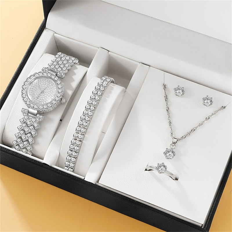 Luxury Rhinestone Women Fashion Elegant Wristwatch With Bracelets Earrings Ring & Necklace