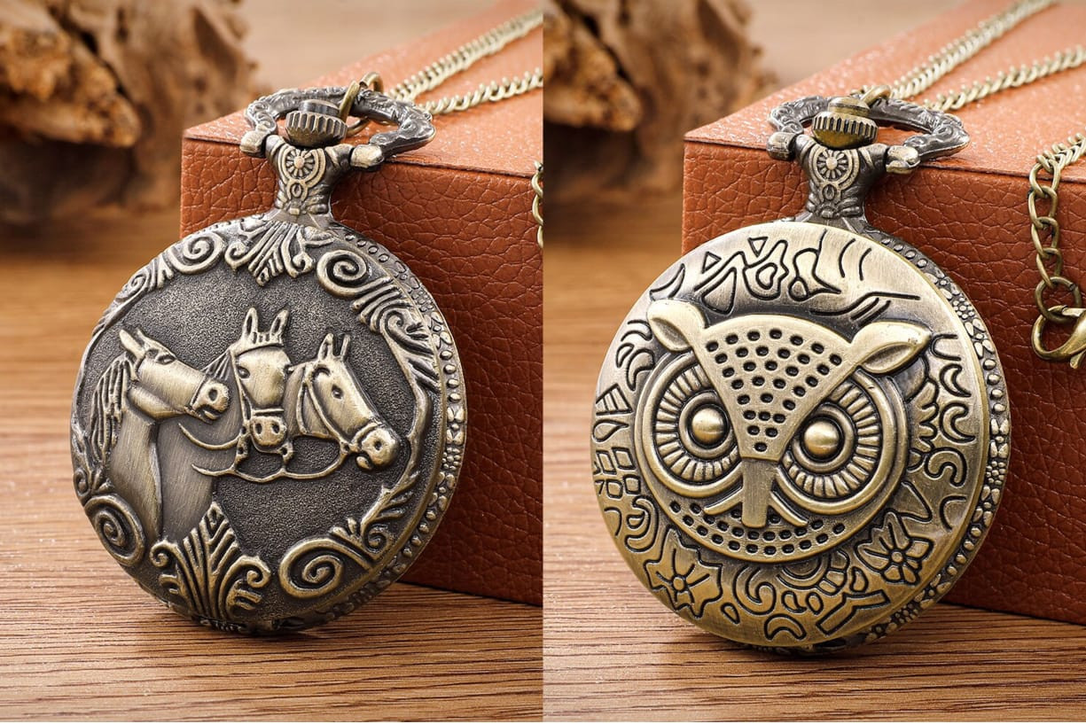 Antique Bronze Necklace Quartz Pocket with Chain Necklace Steampunk Watch Mens & Women