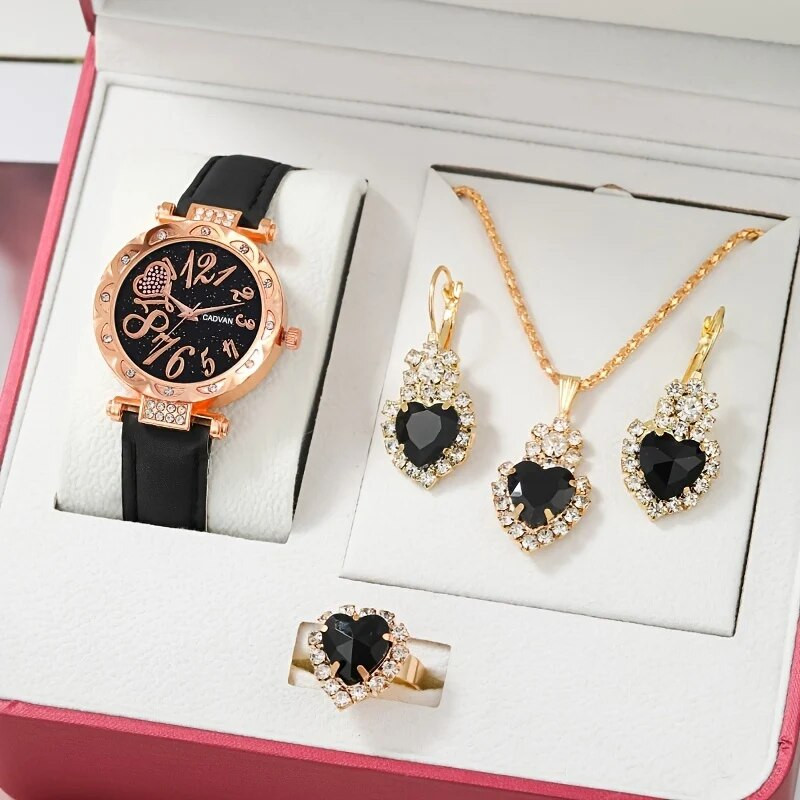 Women Luxury Watch Ring Necklace Earrings Rhinestone Love Dial Fashion Wristwatch